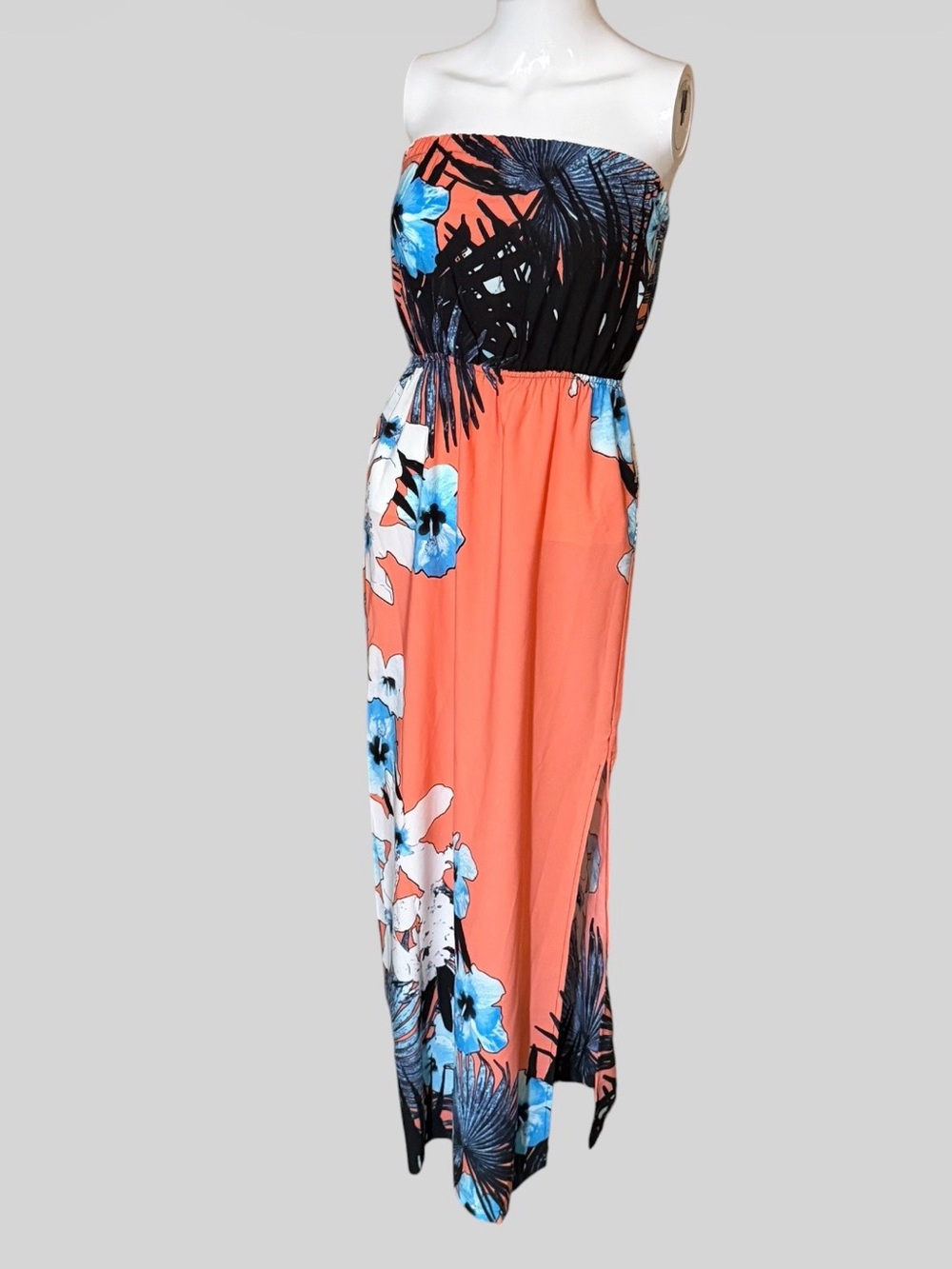 Tyche Coral Strapless Floral Maxi Dress with Blue Accents